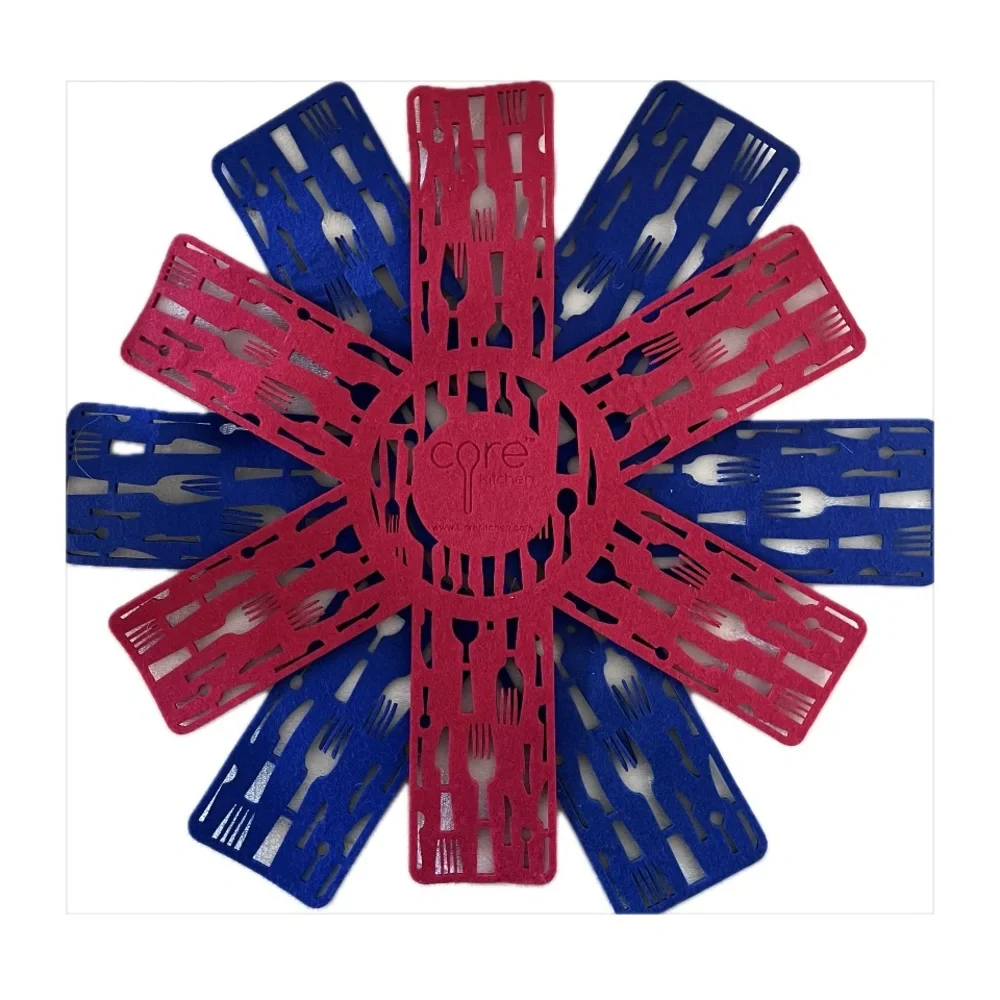CORE KITCHEN Set of 2 Pot & Pan Felt Protector Pads Red & Blue Utensil Patterned